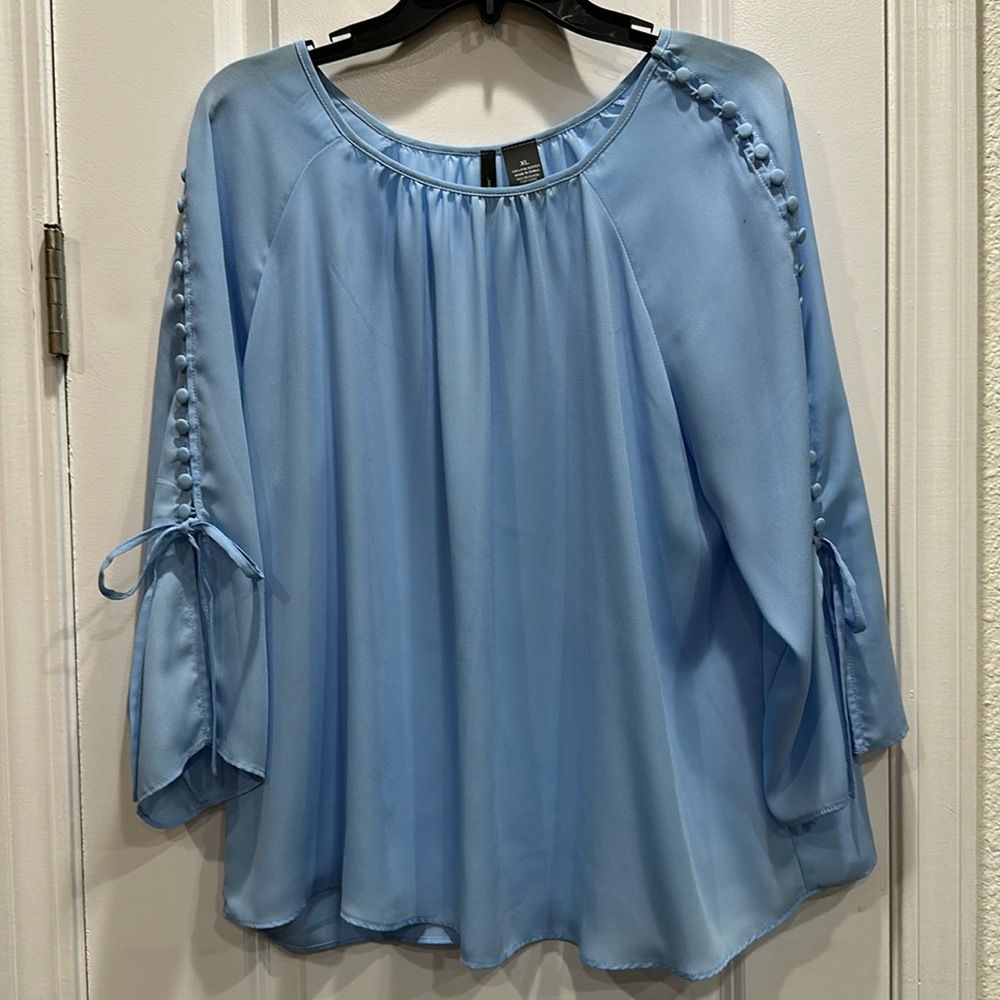 new directions Light Blue Chiffon Blouse with Tie Sleeves